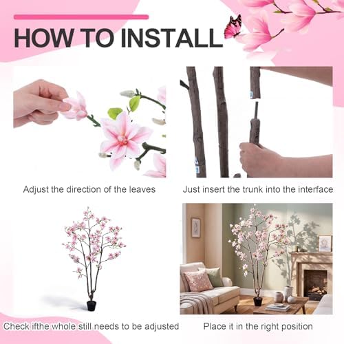 Giegxin 6 FT Tall Artificial Magnolia Tree, 72 Inches Faux Magnolia Trees Realistic UV-Resistant Flower Leaves Plant with Pot for Patio Home Office Wedding Living Room Indoor Outdoor Decor(Deep Pink) - Image 4