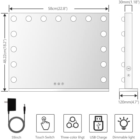 Gvnkvn Vanity Mirror with Lights Lighted Makeup Mirror with 15 Dimmable LED Bulbs,3 Color Lighting Modes,USB Charging Port Touch Control,Sturdy Metal Frame Design 24x18 Inch,White - Image 5