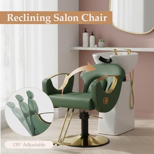 Reclining Barber Salon Chair for Hair Stylist, Professional Hair Stylist Chairs with Heavy Duty Hydraulic Pump, Hairdresser Braiding Styling Shampoo Chair for Spa Home Euipment, Dark Green Gold - Image 3