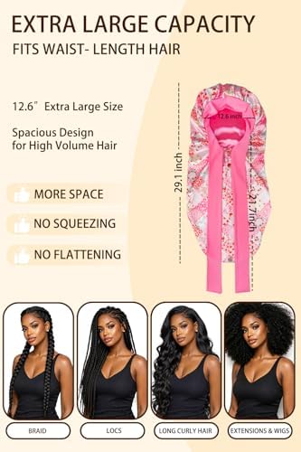 Extra Large Satin Bonnet for Braids Locs & Long Hair No Slip Tie Band Stays On All Night Sleep Cap Won’t Flatten Hair - Image 4