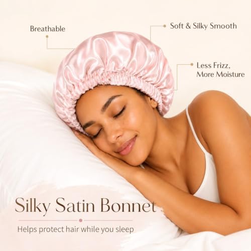 Women’s Satin Bonnet for Sleeping, Double Layer Sleep Cap, Pink - Image 2