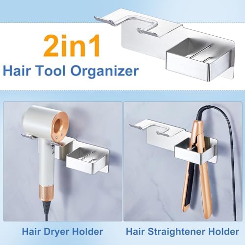 Hair Dryer Holder Wall Mounted, Hair Straightener Holder Metal, Adhesive Blow Dryer and Hair Straightener Holder, Bathroom Bedroom Hair Tool Organizer for Flat Iron,Curling Iron,Hairdryer (Sliver) - Image 2