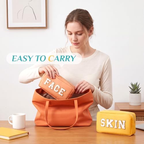 Remerry 4 Pcs Nylon Makeup Bags Waterproof Spacious Travel Cosmetic Bag for Women Chenille Letter Preppy Zipper Pouch Face Stuff Skin Hair Organizer Gift(Blue, Pink, Apricot, Purple) - Image 5