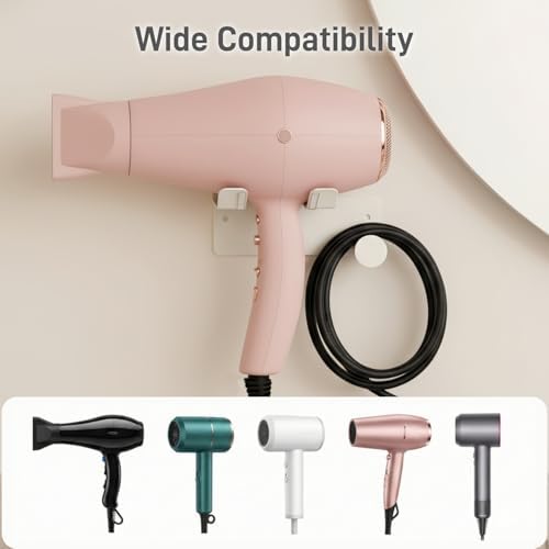 Hair Dryer Holder, Dyson Hair Dryer Holder, Blow Dryer Holder with Cord Hook SUS304 Stainless Steel Wall Mount, Self Adhesive/Screw Space Saving Hairdryer Holder for Bathroom White - Image 2