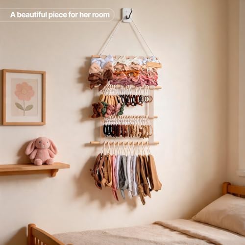 Bow Holder for Girls Hair Bows, Hair Bow Organizer, Headband Holders, Hanger Wall, Clip Organizer, Ribbon Storage for BabyGirl Nursery Wall Decor - Nametag, XXL Hooks, Stickers included - Beige - Image 6