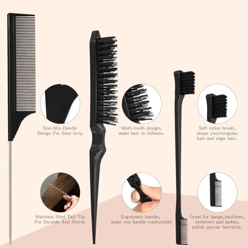 SAMEBUTECO 5 Pcs Black Hair Brush and Comb Set Back to School - Image 4