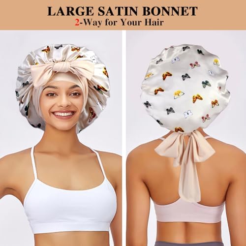 2+3 Large Satin Bonnets with Scrunchies for Women, Hair Bonnet Sleeping Tie Bonnet for Braids Curly Hair - Image 3
