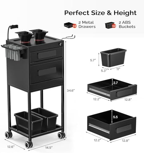 OmySalon Salon Trolley Cart for Hair Stylist, Metal Salon Station with Lockable Drawers, 2 Magnetic Bowls & 2 Storage Baskets, Beauty Barber & Tattoo Cart, Black - Image 6