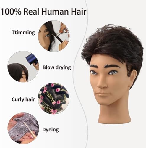 12 Inch Male Mannequin Head,100% Real Deep Black Human Hair for Barber Exam & Haircut Styling Training,Manikin with Free Clamp Stand (1b#) - Image 5