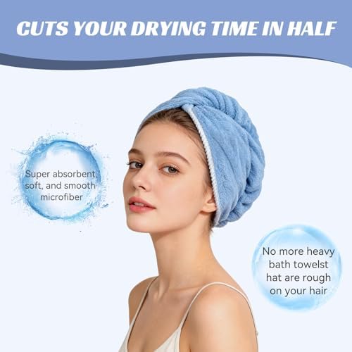 Microfiber Hair Towel Wrap for Women, Soft Lightweight Quick Dry Turban, Drying Hair Towels for Women, Hair Drying Towel with Button for Curly & Long Hair - Blue (Note: This model is ultra-slim.) - Image 5
