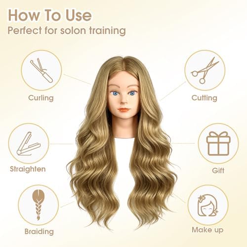 Mannequin Head with 80% Real Hair, 26" Styling Training Head Cosmetology Mannequin Head, Practice Training Doll Head with Clamp Holder and Tools (Tea Brown) - Image 5