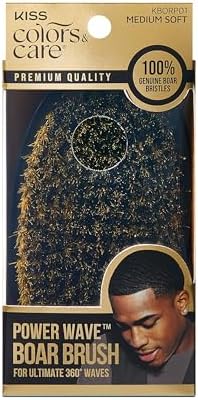 KISS COLORS & CARE 360° Power Wave Premium Brush - Medium Soft, High-Density Boar Bristles for Deep Waves, Shed-Free, Comfortable Grip for Easy Styling, Black by KISSCOLORSCARE