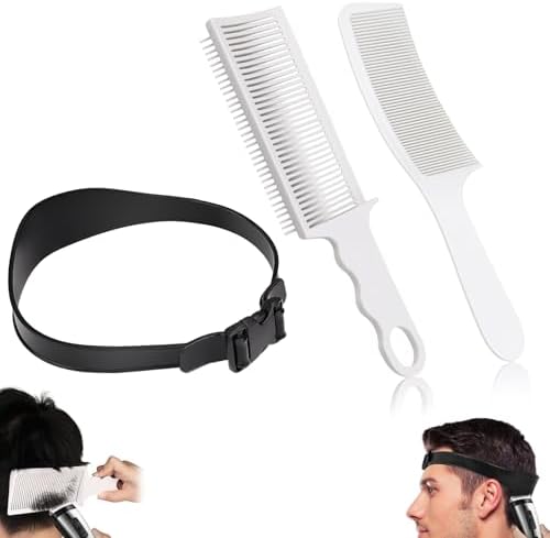 Fade Hair Trimming Guide for Men Haircut, Adjustable Silicone Curved Haircut Band, Curved Positioning Comb and Flat Top Comb for Home DIY Haircuts, Self Haircut Kit Guide Salon Styling Tools by FOWSRHRG