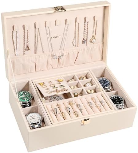 LANDICI Jewelry Box Organizer for Men Women, 2 Layer 4 Slot Watch Storage Case with Removable Tray, PU Leather Large Jewellery Holder Display for Watches Sunglasses Rings Earrings Necklace, Apricot by LANDICI