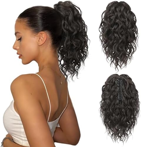Flufymooz Ponytail Extension, 12" Short Claw Ponytail Extension Wavy Curly Jaw Clip in Pony tails Hair Extension Natural Synthetic Hairpiece for Women (Black Brown) by Flufymooz