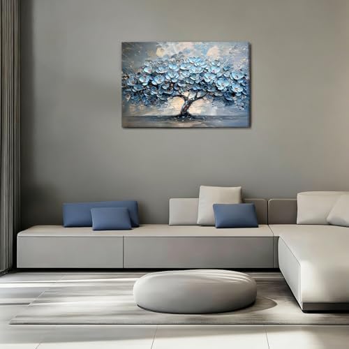 EEYNAQQ Blue Floral Tree Wall Art, 3D Textured Tree of Life Canvas Painting, Abstract Nature Flower Wall Decor for Living Room Bedroom, 16x24 Inches Ready to Hang - Image 4