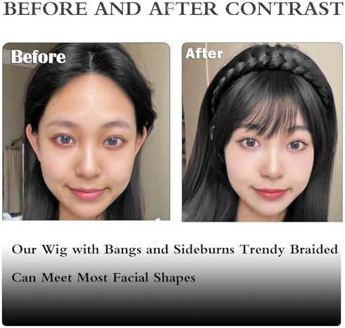 Wig with Bangs and Sideburns Trendy Braided Headband Hair Accessories Braid Headband for Women Hair Extensions Bangs Girls Braided Wigs (Black) - Image 4