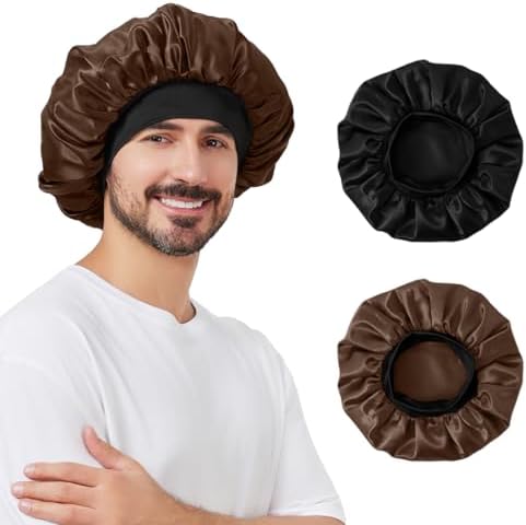 2 PCS Satin Silk Bonnet for Men Women, Hair Bonnet for Sleeping Men with Elastic Band, Large Silk Bonnet for Women Curly Hair Braids (Black+Brown) by SUPAZE