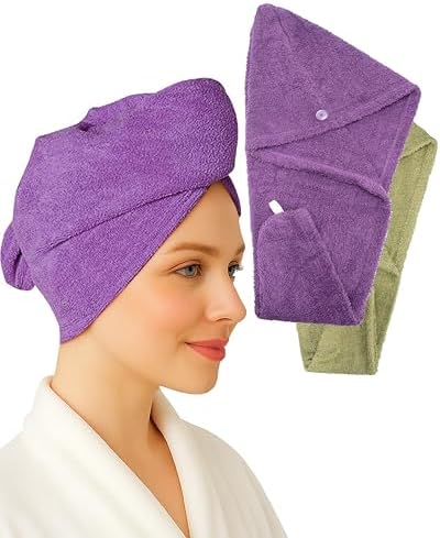 Textila 100% Cotton Hair Wrap Towels for Women (Pack of 2, Plum & Green) – Soft & Absorbent Turban Towels for Long, Curly, Frizz-Prone Hair by TEXTILA