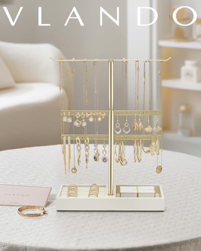 VLANDO 2 Tier Jewelry Stand Organizer with Tary, Leather Jewelry Holder Display for Women, Gold Jewlery Holder Stand for Necklace, Earring, Bracelet, Rings - Cloud White - Image 6