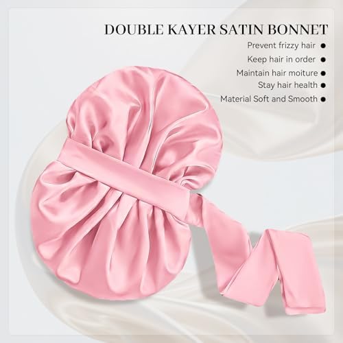 Silk Bonnet for Sleeping Satin Hair Bonnet Double Layer Adjustable Sleep Cap with Elastic Tie Band - Image 2