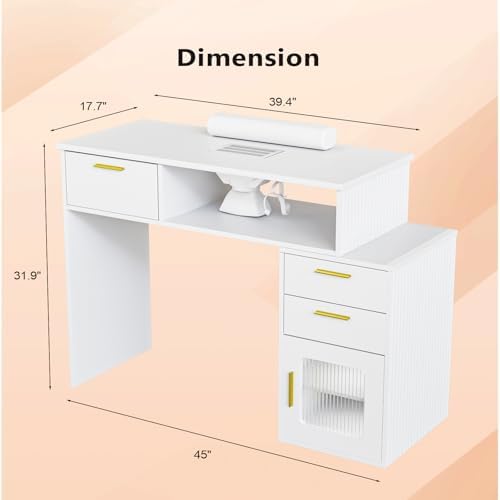 OmySalon Nail Desk with Ribbed Design & Electric Dust Collector - Nail Tech Station with Storage Drawer, Fluted Glass Cabinet & Wrist Cushion for Home Salon & Spa (White) - Image 6
