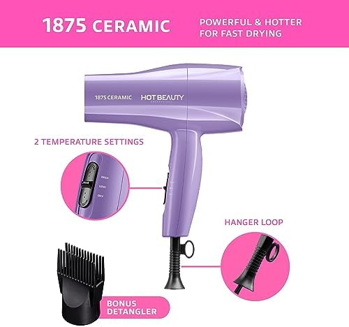 Hot Beauty 1875 Ceramic Hair Dryer, Powerful Fast Drying, Multi-Setting with Comb Attachment, Additional Detangler Included, Slide Bar Switch, Compact for Home & Travel (Purple) - Image 3