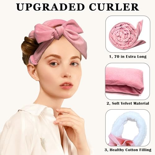 Gwabee No Heat Overnight Curl Headband, 70" Soft Ribbon Curl Wrap for Long Hair - 9 PCS Rods Set with Bonnet, Pink - Image 3