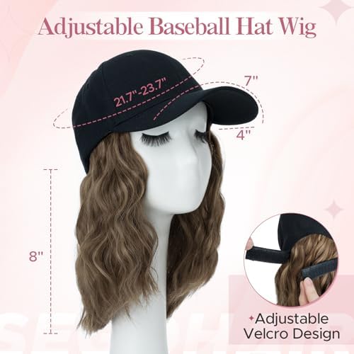 SEGO Baseball Cap with Hair Extensions for Women Heat Resistant Synthetic 8" Adjustable Long Curly Hairpiece Replacement Wigs in Black Hat for Girls 10P22T Medium Brown Mix Dark Blonde - Image 3