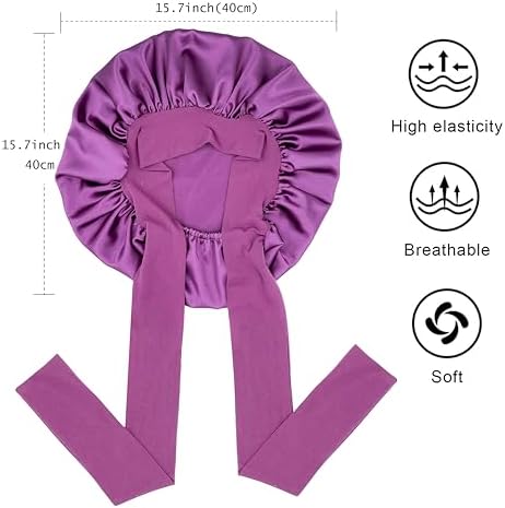 Satin Silk Hair Bonnet for Sleeping Large Bonnets with Tie Band Wrap with Adjustable Straps Night Sleep Caps for Women Curly Braid Hair (Black,Purple) - Image 3