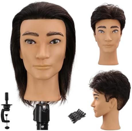 12" Male Mannequin Head with 100% Real Human Hair for Barber Exam & Styling Practice Training, Professional Haircut Manikin Doll Head with Free Clamp Stand, Deep Black by Unknown