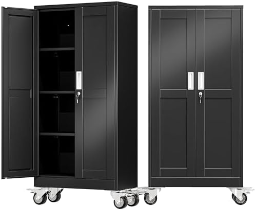61" Metal Garage Storage Cabinet with Wheels and Locking Doors and Tall Rolling Steel Tool Cabinet with 3 Adjustable Shelves for Garage,Home,Office,Shop (Black, 61''H x 28''W x14''D) by AUEYTVR