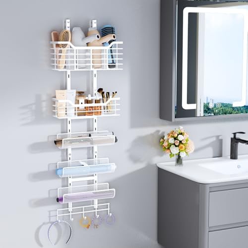 Consumest 6-Tier Hair Tool Organizer - Hair Dryer Holder Over The Door/Wall Mounted DIY Adjustable Shelf Bathroom Door Organizer with Hook for Curling Iron/Blow Dryer/Straightener White - Image 4