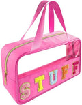 Bunliuys Chenille Letter Clear Makeup Bag Stuff Patch, Travel Toiletry Makeup Bag with Handle, Nylon Waterproof Makeup Bags clear cosmetic bag, preppy patch makeup bag for Women (STUFF-Hot Pink) by Bunliuys