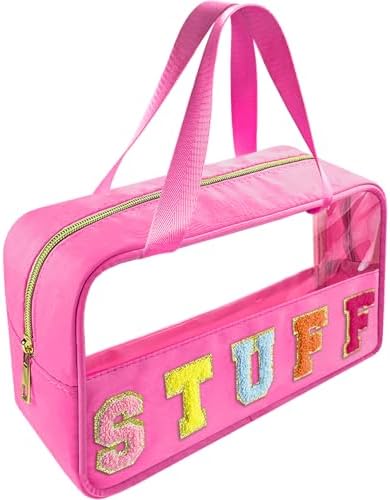 Bunliuys Chenille Letter Clear Makeup Bag Stuff Patch, Travel Toiletry Makeup Bag with Handle, Nylon Waterproof Makeup Bags clear cosmetic bag, preppy patch makeup bag for Women (STUFF-Hot Pink) by Bunliuys