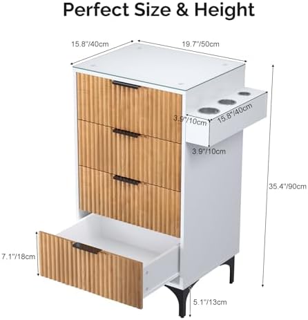 OmySalon Salon Station, Barber Station for Hair Stylist, Storage Cabinet with Glass Top & Drawers & Heat Resistant Dryer Holders, Modern Retro Style for Beauty Salon, Wood White - Image 6