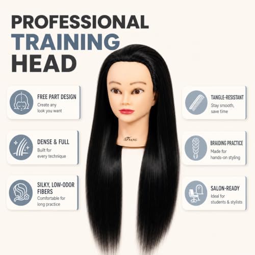 26-28 Inch Synthetic Fiber Mannequin Head for Braiding Styling Cutting Cosmetology Practice Doll with Clamp Stand for Makeup Training (Black) - Image 2