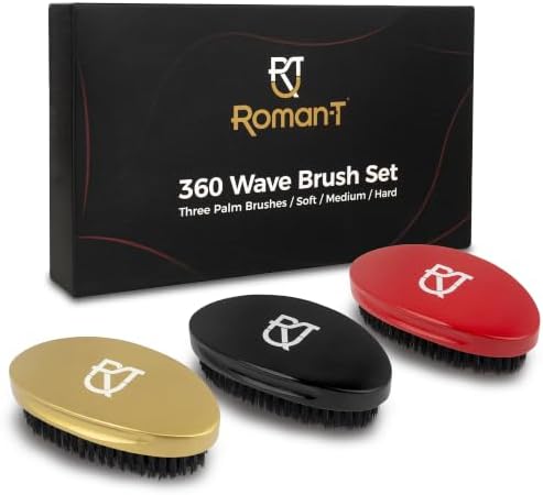 Roman-T 360 Wave Brush Set for Men – 3 Palm Wave Brushes, Soft, Medium & Hard – Curved Wave Brushes for 360 Waves – Men's Grooming Gift Set by Roman-T