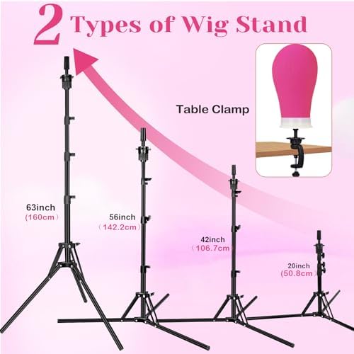 Beauty Star 63inch Tall Wig Stand Tripod with Head, 22in Canvas Mannequin Head with Adjustable Wigs Tripod Stand for Making Wigs Display Styling Including Wig Caps, Pins and Comb - Image 3