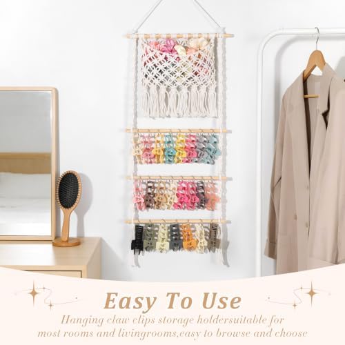 SNOWSTAR Macrame Hair Claw Clip Organizer,Large Capacity Mesh Bag Scrunchies Holder and Hair Ties Organizer for Women Girls,Hair Accessorie Hanging Storage Home Decor Wall,Door - Image 6