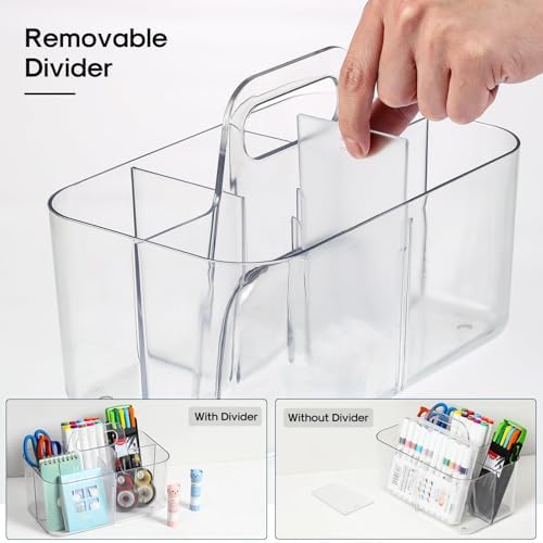AOZITA Multiuse Caddy Organizer with Handle, Portable Divided Tote Bin - Art Craft, Stationary Pen Marker Crayons, Makeup Hair Supplies Storage - Bathroom, Classroom, Dorm, Office, Desk Holder -Clear - Image 6