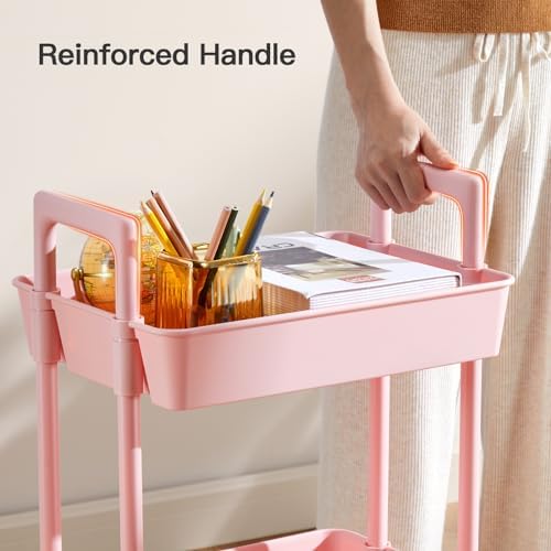 Pipishell 3 Tier Rolling Cart with Handle & Wheels for Storage, Pink - Image 5