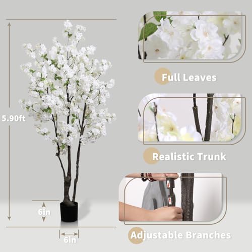 Artificial White Cherry Blossom Tree 6ft(72in) Faux Plant for Indoor Decor - Image 5