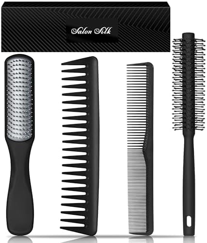 SALONSILK Hair Brush for Men, 4PCS Mens Hair Brush & Styling Comb Set, Fine and Wide Tooth Comb, Gel & Roller Brush for All Hair Types, Perfect for Styling, Grooming, and Detangling by SalonSilk