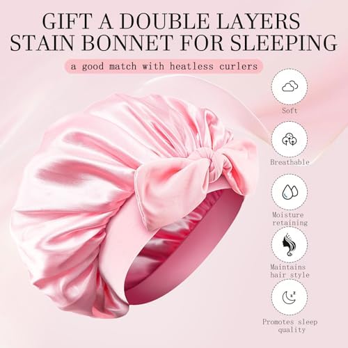 Heatless Hair Curler and Double Layer Satin Bonnet Set for Overnight Curls - No Heat Curling Rod with silk Bonnet, Sleep-In Safe for Long/Medium Hair, Frizz-Free Waves & Volume(Pink) - Image 2