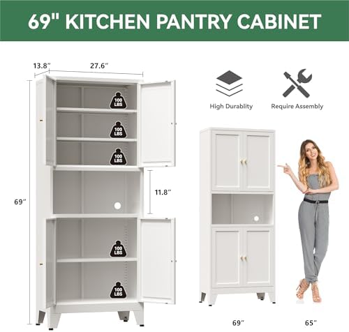 Bevivog 69" Tall Pantry Cabinet, Metal Kitchen Storage Cabinet with 4 Doors and 5 Shelves, Freestanding Metal Pantries Cupboard with Microwave Shelf for Kitchen,Dining Room,Bathroom,Laundry - Image 2