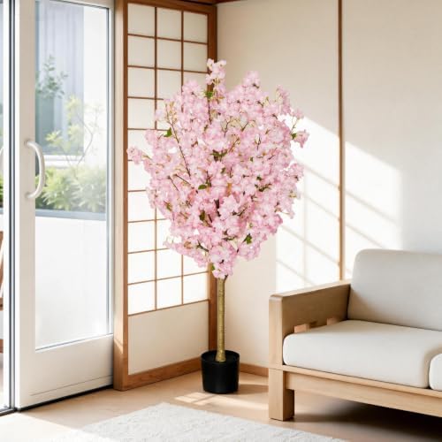 Artificial Cherry Blossom Tree, 4FT Tall Faux Pink Flower Tree with Black Pot, Realistic Silk Blossom Plant for Home Living Room Office Patio Decor, Indoor Outdoor Fake Floral Tree for Wedding Party - Image 3