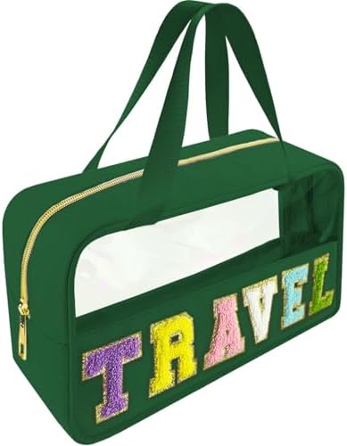 Bunliuys Chenille Letter Clear Makeup Bag Travel Patch, Travel Toiletry Makeup Bag with Handle, Nylon Waterproof Makeup Bags clear cosmetic bag, preppy patch makeup bag for Women (TRAVEL-Dark Green) by Bunliuys