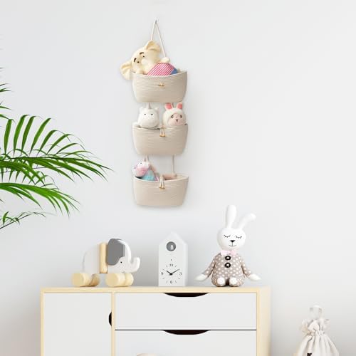 TeoKJ Over the Door Hanging Baskets with Button Strap, 3-Tier Woven Cotton Storage Organizer Bag, Wall-Mounted with Hook Decorative Hanging Kitchen Baskets - White - Image 4