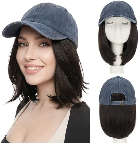 SEGO Unisex Vintage Baseball Cap with Hair Extensions for Women Synthetic Hair Attached Short Straight Hairpiece Denim Blue Baseball Cap Wig Adjustable Hat Wigs for Women 6 Inch 4A Black Brown by SEGO